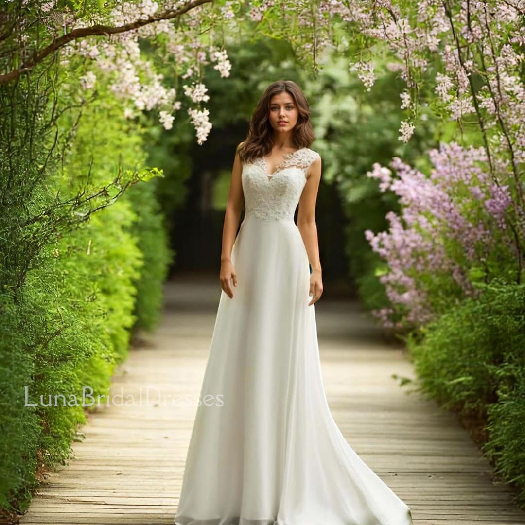 Vestido de novia de corte A con espalda de encaje, sin mangas