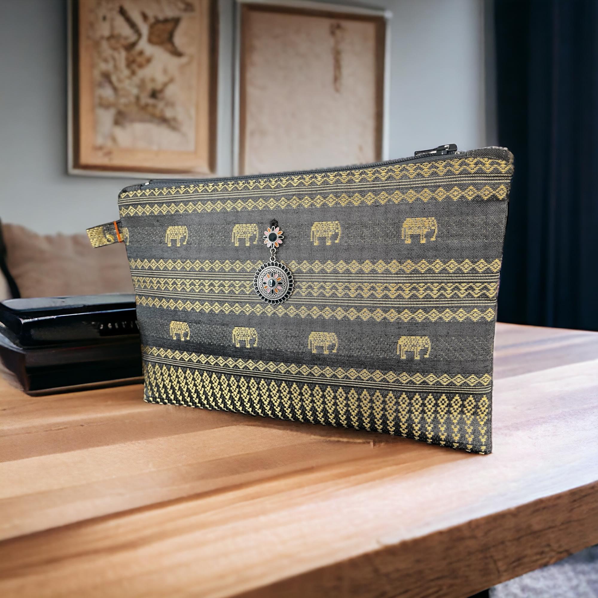 Women Evening Purse Gorgeous gold elephant pattern on that soft Gray