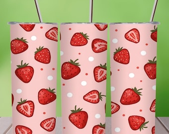 Strawberry Tumbler Wrap PNG, 20oz Skinny Tumbler Sublimation Design, Fruit Tumbler Wrap, Summer Drink Wrap, Digital Download, Cute Berry