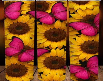 3D Butterflies Sunflowers Tumbler Wrap | 20oz Skinny Sublimation PNG | Seamless Digital Wrap  butterfly tumbler wrap