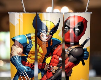 Deadpool & Wolverine Sublimation Design Skinny Tumbler 20oz, Deadpool Sublimation Template, Superhero Tumbler Wrap PNG, Wolverine Tumbler