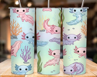 Cute Kawaii Axolotl Tumbler Wrap PNG, 20oz Skinny Tumbler Sublimation Design PNG, Axolotl Tumbler Wrap, Instant Digital Download
