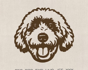 May include: A brown embroidered dog face on a beige fabric. The dog has a fluffy coat, open mouth, and a happy expression. The text at the bottom reads: .PES .DTS .EXP .HUS .JEF .XXX. This item is perfect for dog lovers.