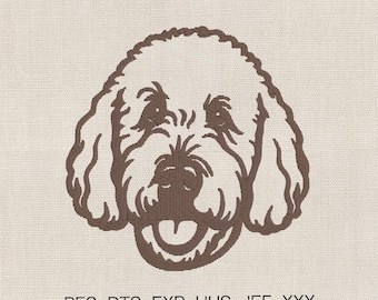May include: A brown embroidered image of a dog's face with an open mouth and a happy expression. The dog has curly fur and is centered on a beige fabric. The text at the bottom reads: .PES .DTS .EXP .HUS .JEF .XXX.