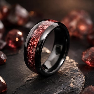 Black Tungsten Wedding Band for Men, Red Crushed Crystal Ring, 8mm Comfort Fit Wedding Ring, Anniversary Gift for Husband, Gothic Ring