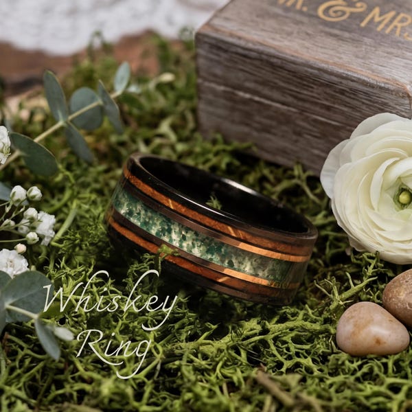 Whiskey barrel ring with oval,Men's barrel ring,Moss Agate Ring,Black Tungsten Wedding Band, Engagement Ring,Christmas Gift for Husband