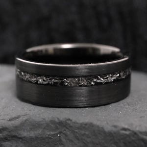 Custom Meteorite Ring, His and Her Rings, Engraved Meteorite Tungsten Ring, Couples Band, polished Black Ring, Faceted Ring, Wedding Band
