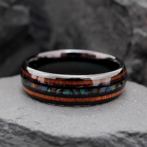 Personalized Black Tungsten Band, Koa wood & Abalone Shell Men Wedding Ring, Anniversary Band, Gift For Him ,Gift For Her, Engagement Ring
