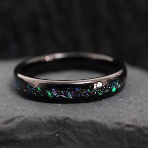 Personalized 4mm Tungsten Wedding Band, Galaxy Opal Ring, Black Ring, Comfort Fit, Couples Rings,Gift for her, Gift for him, Engagement ring