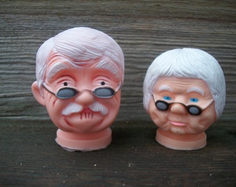 Pair of Miniature Vinyl Grandma /& Grandpa Old Man Woman Doll Heads on Wire Pick