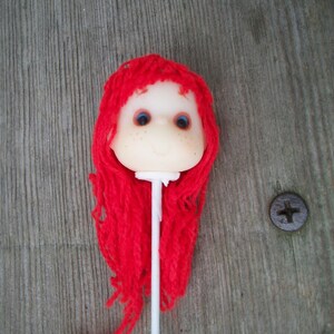 Rare Miniature "Mitzy/Dumplin Doll" Style (Red) Yarn Hair Doll Head on a Stick