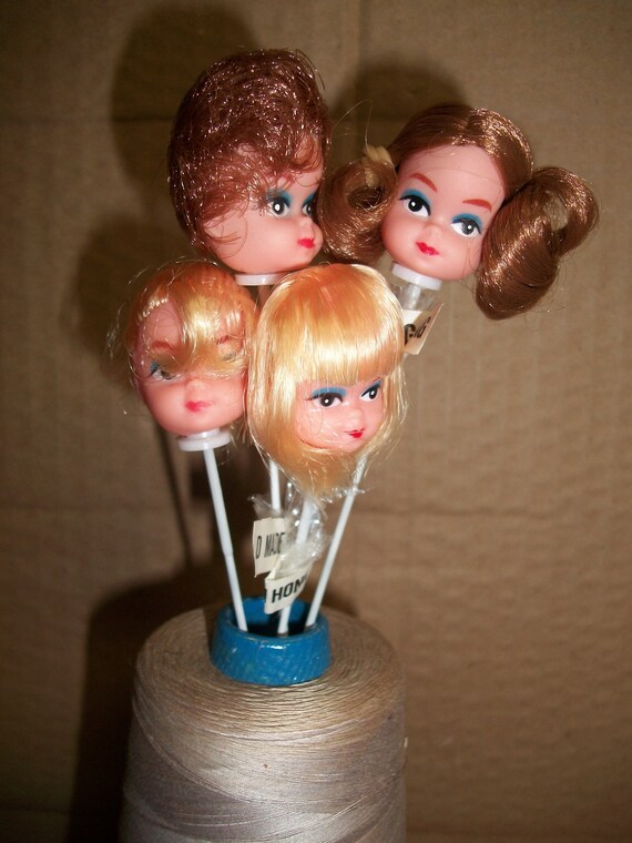 4 Craft Miniature 1/" Vinyl Brunette Brown Hair Girl Doll Heads Wire Stick Pick
