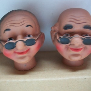 Vintage Soft Plastic Vinyl Grandpa & Grandma Doll Head Couple - Brown Skin Rare Variation**