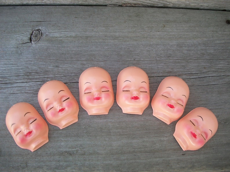 Six Small Vintage Plastic Doll Faces Closed Eye Variation