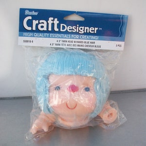 Vintage Darice Craft Designer 4 Inch Yarn Hair Doll Head Hands Set Blue Hair 550018-21