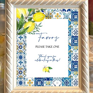 Amalfi Lemon Bridal Shower Favor Sign: Blue Tile Design (Downloadable File)