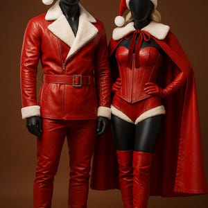 以下が含まれることがあります： 白のフェイクファーのトリムが付いた赤い革のサンタクロースの衣装。男性用衣装には、ジャケット、パンツ、帽子が含まれます。女性用衣装は、コルセット、ショーツ、ケープ、手袋、ブーツ、帽子が特徴です。