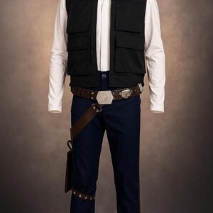 May include: A costume consisting of a white collared shirt, black vest with four pockets, navy blue pants with a red stripe, and a brown belt with a silver buckle. A brown holster is attached to the belt and leg.