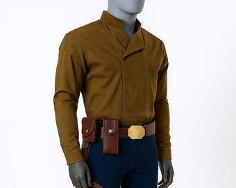 May include: A brown jacket with a mandarin collar, paired with navy blue pants featuring a red stripe. The outfit includes a brown belt with a gold buckle, a holster, and a utility belt with pouches. The mannequin is wearing black gloves.