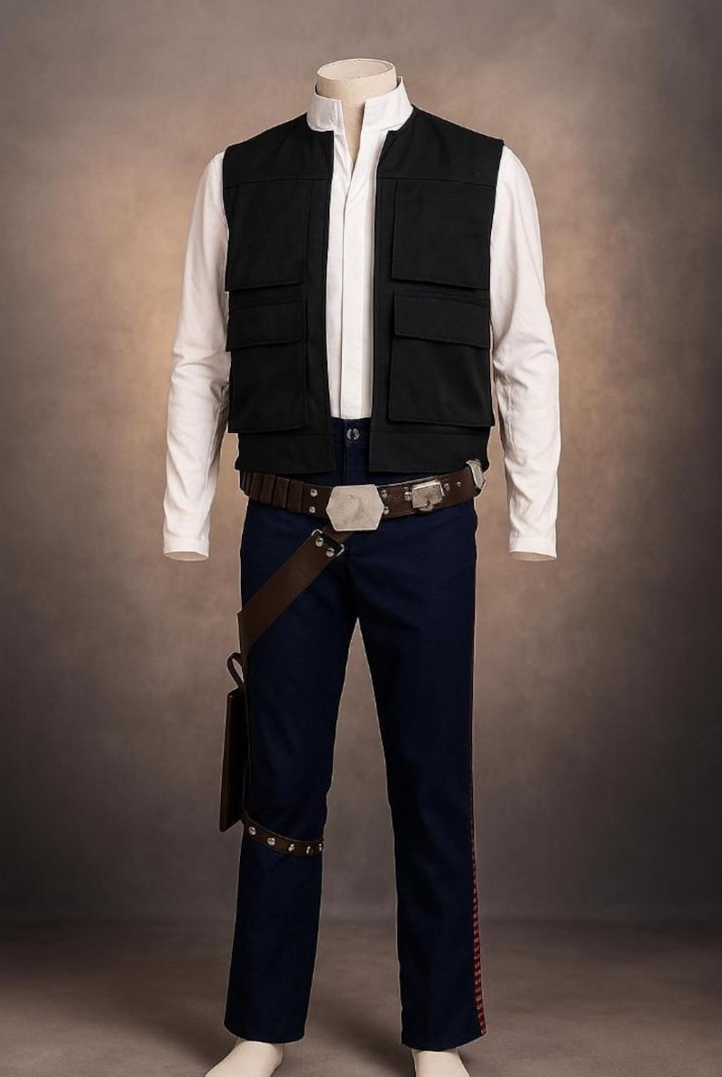 May include: A costume consisting of a white collared shirt, black vest with four pockets, navy blue pants with a red stripe, and a brown belt with a silver buckle. A brown holster is attached to the belt and leg.