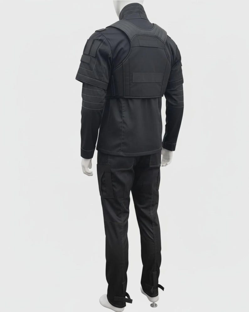 May include: Black tactical uniform set, including a long-sleeved shirt, cargo pants, and a vest with shoulder and chest padding. The uniform is displayed on a mannequin against a white background.