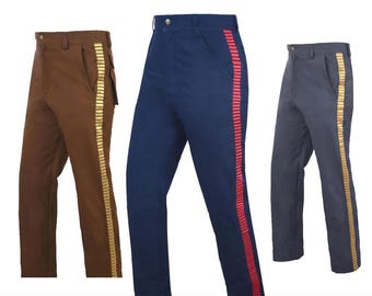 May include: Three pairs of pants in brown, navy blue, and gray. Each pair has a vertical stripe down the side. The brown and gray pants have a gold stripe, while the navy blue pants have a red stripe.