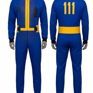 May include: A blue jumpsuit with yellow accents, featuring a front zipper, quilted chest panel, and a yellow belt. The back displays the number "111" in yellow. Black cuffs and collar complete the design. A cosplay costume.