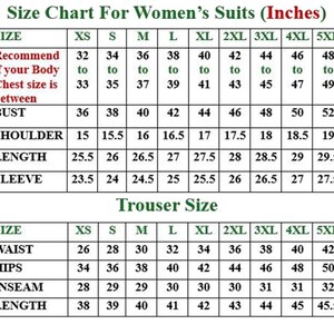 May include: A size chart for women's suits, displaying measurements in inches. The chart includes bust, shoulder, length, and sleeve measurements, as well as trouser sizes for waist, hips, inseam, and length. Sizes range from XS to 5XL.