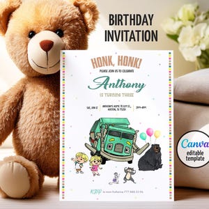 May include: A rectangular birthday invitation card featuring a green garbage truck, a black bear, two children, and a raccoon. The text reads HONK, HONK! PLEASE JOIN US TO CELEBRATE Anthony IS TURNING THREE, SAT, JUN 12, ANTHONY'S HOME 78 ELM ST, HUSTON, TX 75201, 2PM-4PM, RSVP to mom Katherine 777.888.33.96.