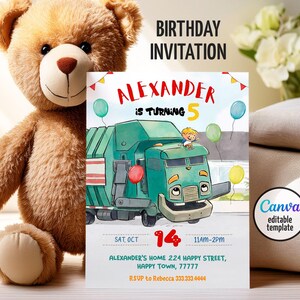 May include: A birthday invitation featuring a cartoon green garbage truck with a smiling face, balloons, and the text "ALEXANDER IS TURNING 5." The invitation includes event details and a Canva editable template logo.