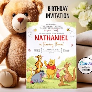 Winnie the Pooh Invitation, Printable Editable Boy Girl Birthday Invite, Electronic invitation, teddy bear Invite template, winnie invite