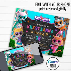 SuperKitties invitation, Printable Editable Super Kitty Invite, SuperKitty Birthday Party invite template, Kitten Invitation Cute Invite