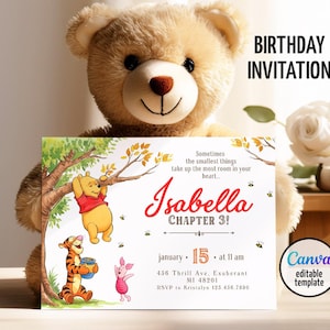 Winnie the Pooh Invitation, Printable Editable Boy Girl Birthday Invite, Electronic invitation, teddy bear Invite template, winnie invite
