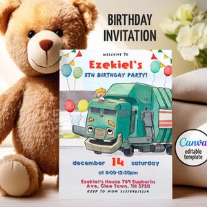 May include: A birthday invitation template featuring a cartoon green garbage truck with a child on top, colorful balloons, and bunting. Text includes 'Ezekiel's 5th Birthday Party', 'December 14', '11:00-12:30pm', address details, and 'RSVP to Mom'.