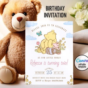 Winnie the Pooh Invitation, Printable Editable Boy Girl Birthday Invite, Electronic invitation, teddy bear Invite template, winnie invite