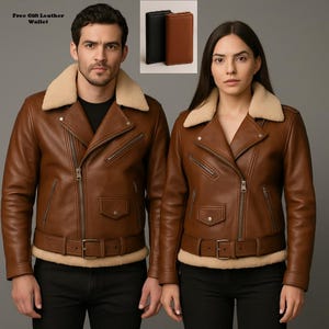 Jaqueta de couro de ovelha premium masculina e feminina – preta e marrom – estilo motociclista de inverno – carteira de presente grátis