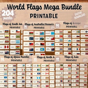 Può includere: Un pacchetto scaricabile digitalmente di 204 puzzle stampabili con bandiere del mondo. La collezione include set per Sud America, Australia e Oceania, Europa, Africa, Nord America e Asia, con varie bandiere nazionali su pezzi rettangolari.