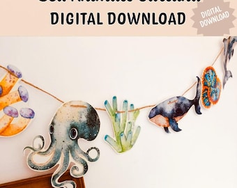 Sea Animals Garland Printable – Ocean Animal Banner, Under the Sea Nursery Decor, Beach Theme Baby Shower, Kids Room Decor, Ocean Garland