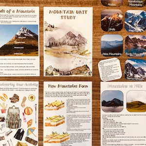 May include: A collection of educational materials about mountains. Includes a diagram of mountain levels, a watercolor illustration of a mountain range, and a section on mountaineering gear. Also includes images of mountain ranges.