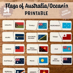 Puede incluir: Un conjunto imprimible de 14 rompecabezas con banderas de Australia y Oceanía. Cada pieza rectangular muestra el nombre de un país a la izquierda y su bandera a la derecha. El texto dice Flags of Australia/Oceania 14 puzzles PRINTABLE.