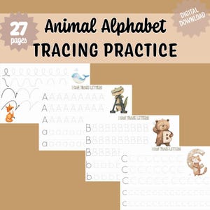 Può includere: Pagine di pratica di tracciamento dell'alfabeto degli animali. L'immagine mostra diverse pagine con esercizi di tracciamento per le lettere A, B e C. Ogni lettera è accompagnata da un'illustrazione di un animale, come una volpe, una balena, un orso e un gatto. Il testo "DOWNLOAD DIGITALE" è visibile.
