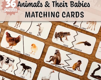 Bijpassende activiteit dieren en babydieren, leren babydierennamen, montessori-puzzels, afdrukbare digitale download, voorschoolse activiteiten