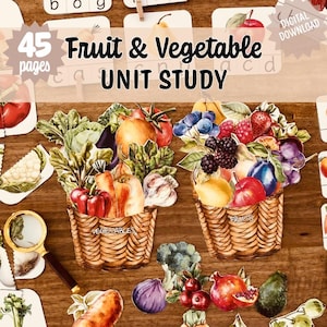 May include: A digital download titled "Fruit & Vegetable UNIT STUDY" with 45 pages. The image features illustrations of fruits and vegetables in woven baskets. The word "Vegetables" is written on one basket, and "Fruits" on the other. A magnifying glass is in the lower left corner.