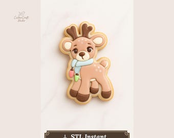 Cortador de galletas de reno STL / Lindo cortador de ciervo navideño / Diseño de galleta de Rudolph de bosque / Proyector de glaseado real PNG