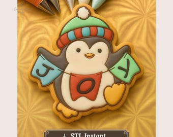 Cortador de galletas de pingüino STL / Cortador de pingüino navideño alegre / Plantilla para hornear de invierno / Proyector de glaseado real PNG