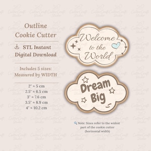 May include: Cloud-shaped cookie cutters with the phrases "Welcome to the World" and "Dream Big". The cutters are tan with white interiors and include sizes from 2 inches (5 cm) to 4 inches (10.2 cm) wide. Digital download.