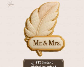 Cortador de galletas con forma de pluma (STL) / Cortador de galletas para bodas bohemias / Plantilla PNG para proyector de glaseado real / Diseño de placa elegante y otoñal