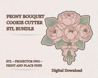 Paquete de cortadores de galletas STL de ramo de peonías, ramo floral (8 tamaños), PNG para proyector, PDF para imprimir y colocar, descarga digital