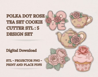 Paquete de galletas STL (5 piezas) - Juego de té con diseño de rosas vintage y lunares, proyector PNG, PDF, 8 tamaños, descarga digital