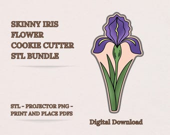 Skinny Long Stem Iris Flower Cookie Cutter STL Bundle - Spring Floral, 8 Sizes + Projector PNG + Print‑and‑Place PDF, Digital Download